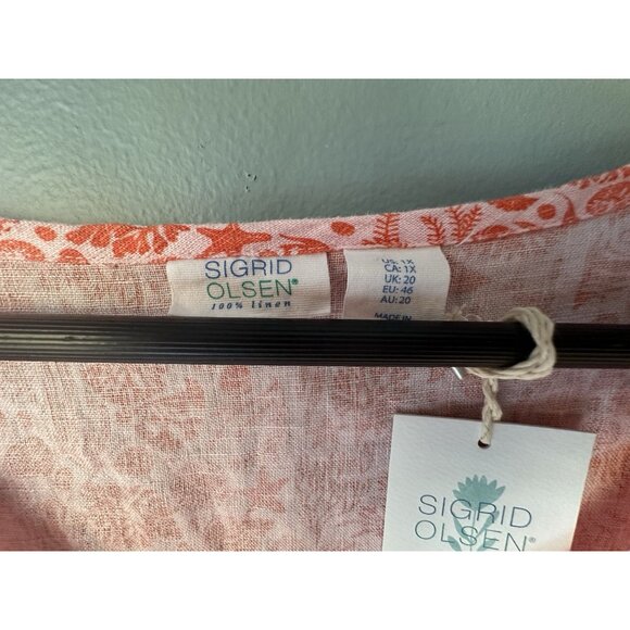 Sigrid Olsen Womens Shirt Top Size XL Pink Orange Floral Linen Short Sleeve - Picture 3 of 5